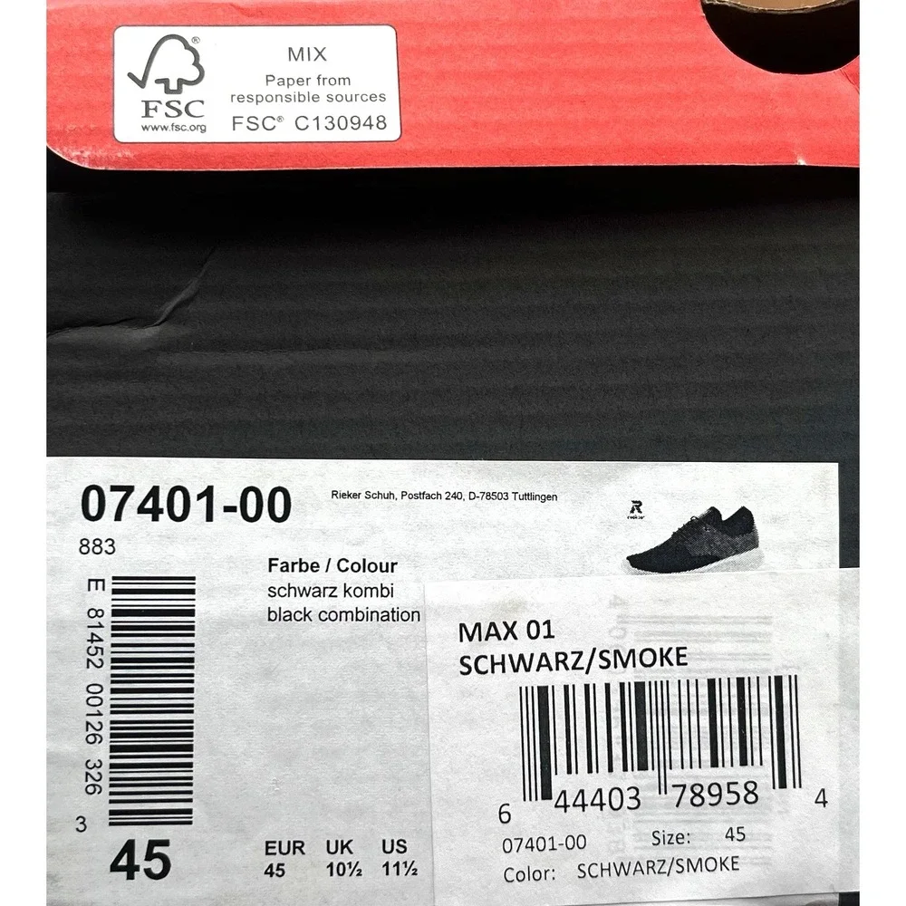 Rieker Men's Max Casual Sporty Shoes Size 11.5 (EU 45) Black/Grey‎ Knit Slip-on